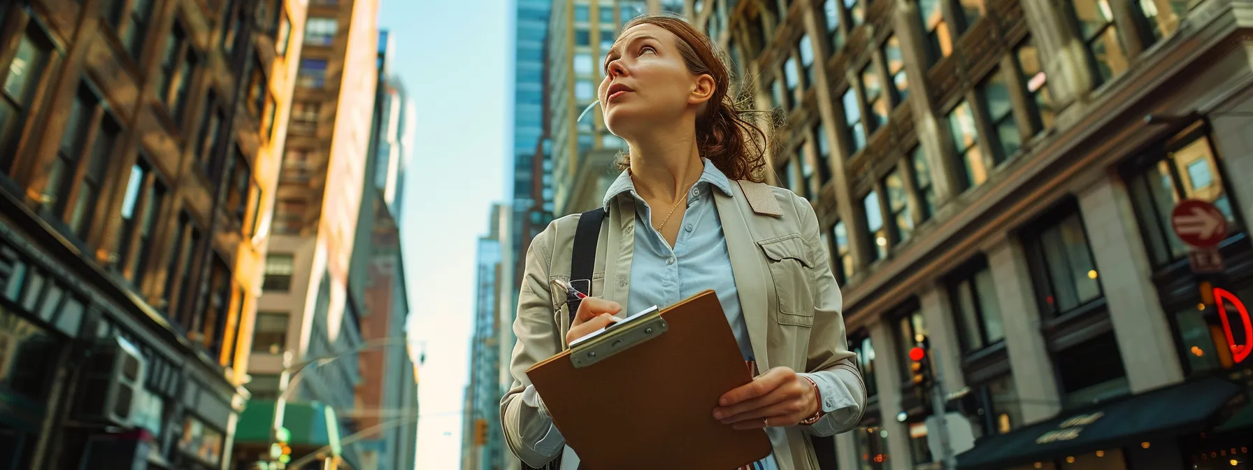 a dynamic urban scene captures a focused real estate investor navigating a bustling street, equipped with a clipboard in hand, analyzing potentially profitable properties while surrounded by a mix of residential and commercial buildings, highlighting the proactive approach to finding motivated seller leads.