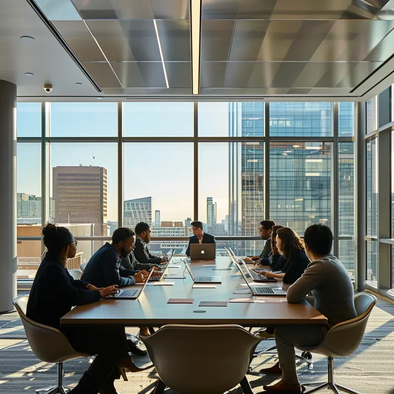 a dynamic urban study space, filled with focused individuals engaged in real estate investment strategies, featuring sleek laptops, city skyline views through large windows, and vibrant notes strewn across a polished conference table.