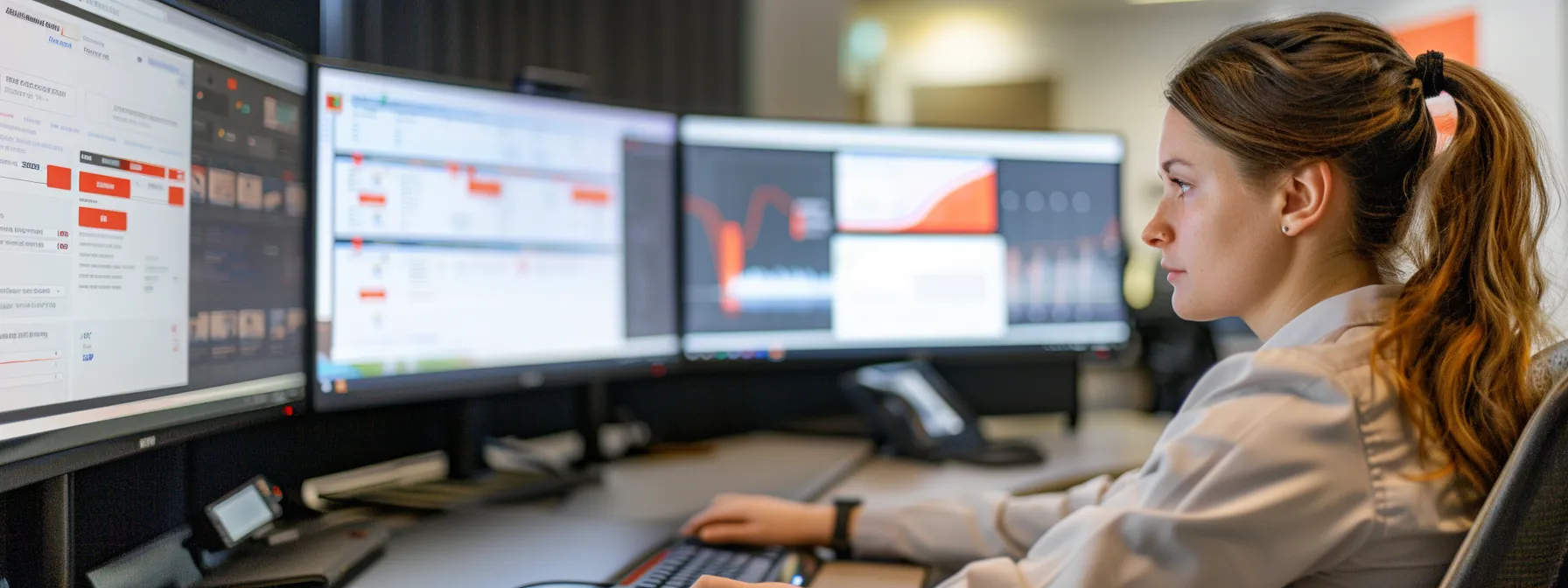 a focused individual engaged at a modern workstation, meticulously analyzing online reviews on a sleek computer screen, emphasizing the importance of proactive reputation management and client engagement in a contemporary office environment.