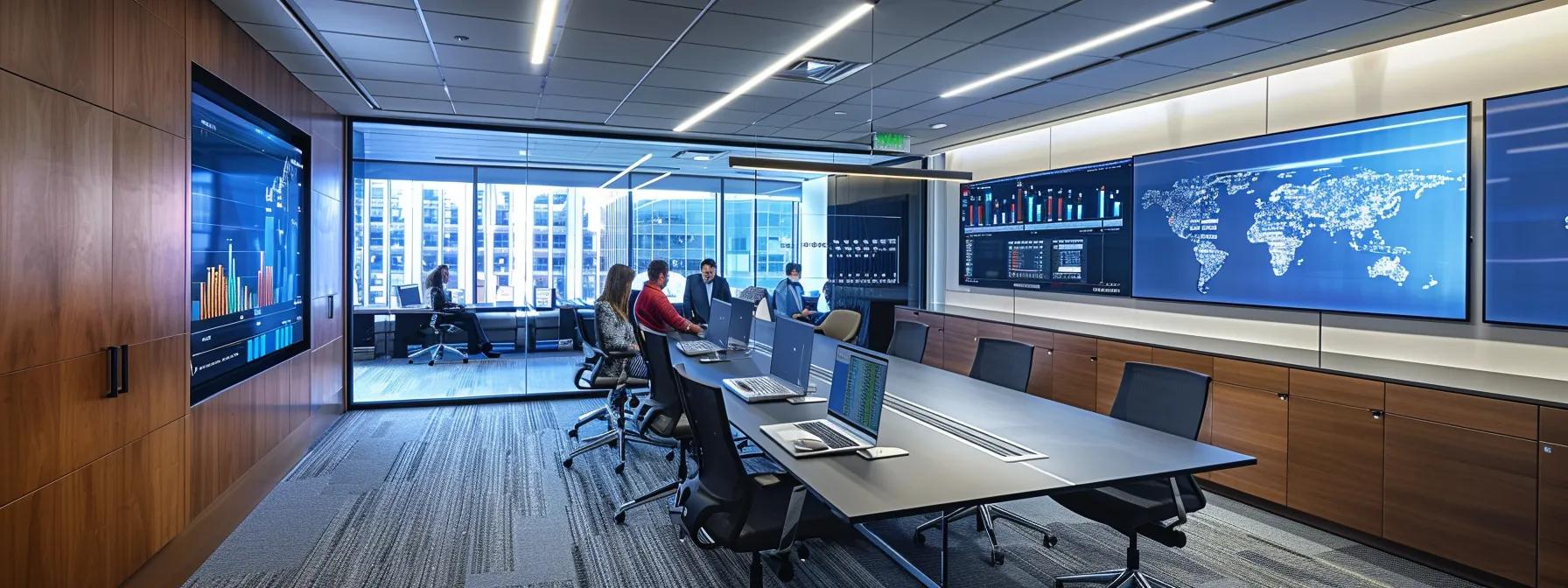 a focused office setting features a sleek conference table surrounded by individuals analyzing market data charts and investment strategies, symbolizing the structured approach to real estate investment for beginners.