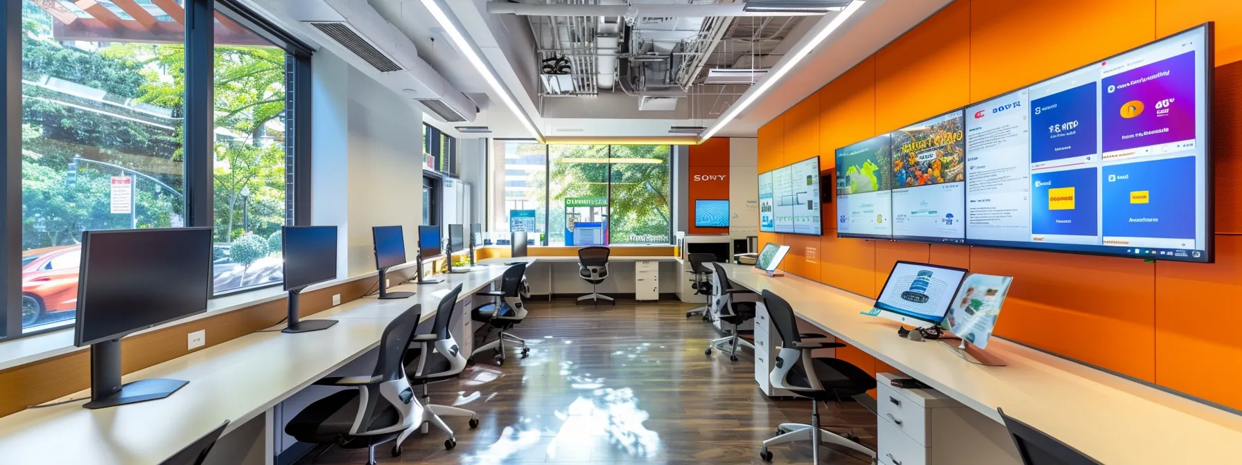 a focused office setting showcases a professional engaged in troubleshooting digital display issues on multiple screens, surrounded by sleek tech tools, highlighting the intersection of reputation management and technology.