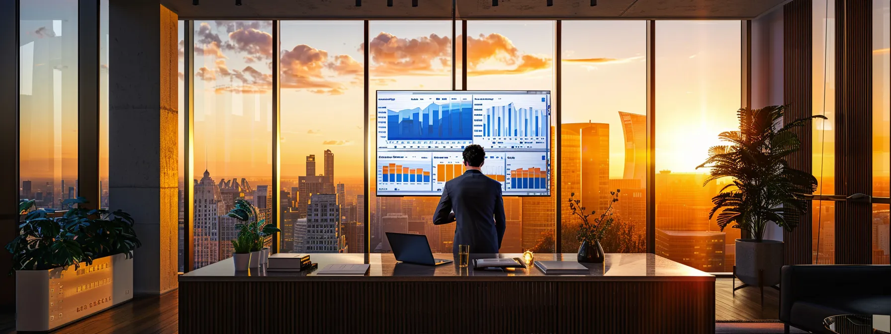 a focused professional examines a sleek laptop in a modern office, surrounded by digital screens displaying analytics and checklists, emphasizing the meticulous process of launching a real estate website with a sharp, urban aesthetic.