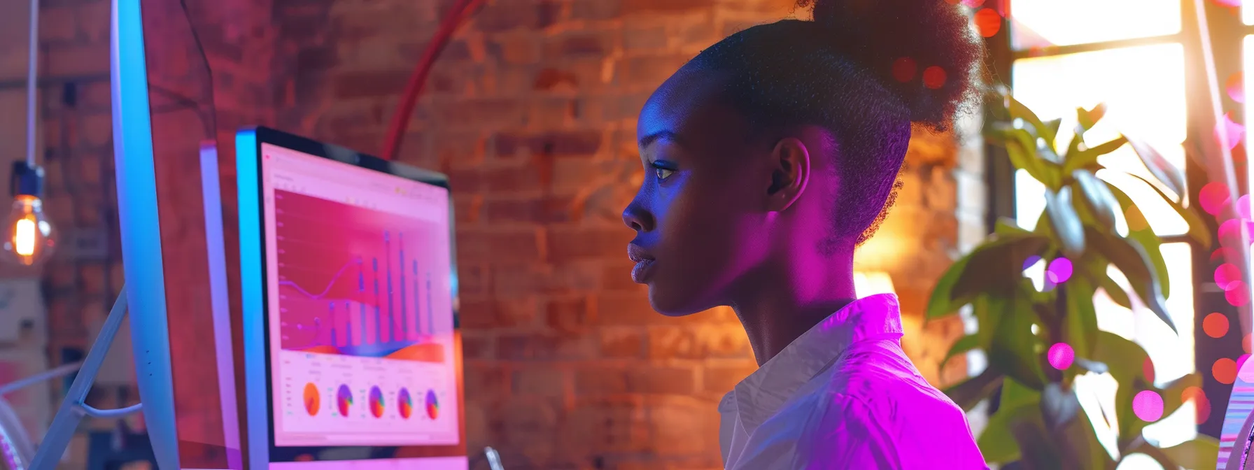 a focused real estate agent intensely analyzes dynamic content performance on a sleek computer screen in a modern office, surrounded by vibrant marketing materials and analytics charts that illustrate user engagement metrics.