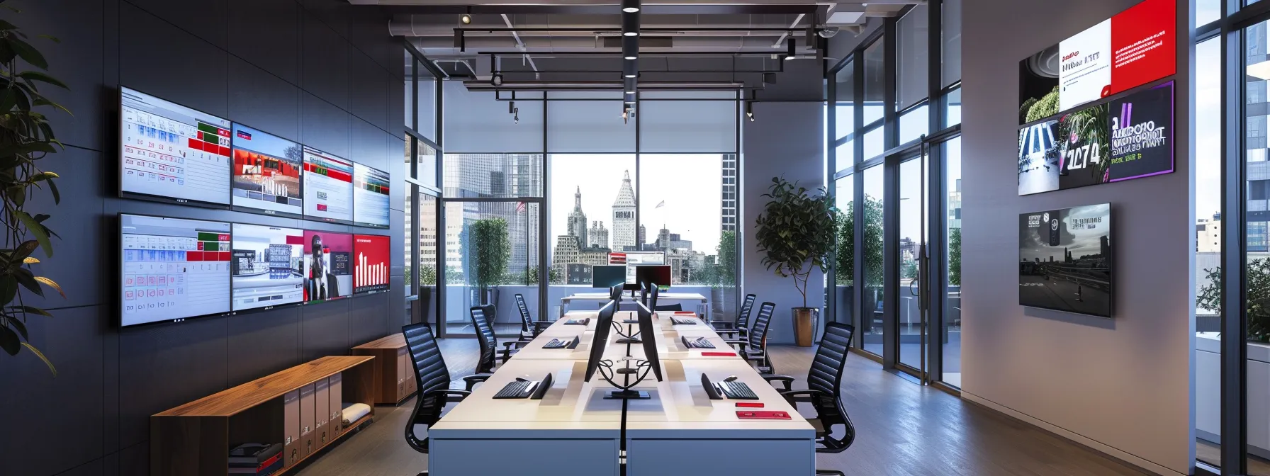 a focused real estate professional navigates a sleek, modern office filled with multiple digital screens displaying calendar systems, while troubleshooting integration issues through a collaborative video call with a technical support specialist.