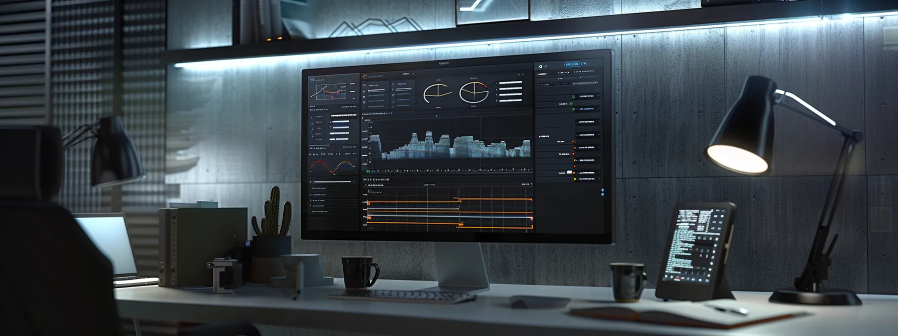 a focused shot of a modern office workspace, featuring a sleek computer screen displaying a wordpress dashboard with analytical graphs, seo settings, and plugins, illuminated by bright overhead lighting, showcasing the intricate setup process for launching a realtor site.