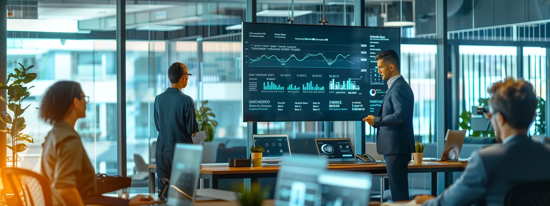 a modern, bustling real estate office features a sleek digital dashboard displaying buyer and seller paths, with focused agents engaged in strategic discussions, all under dynamic overhead lighting that emphasizes the energetic atmosphere of streamlined client journeys.