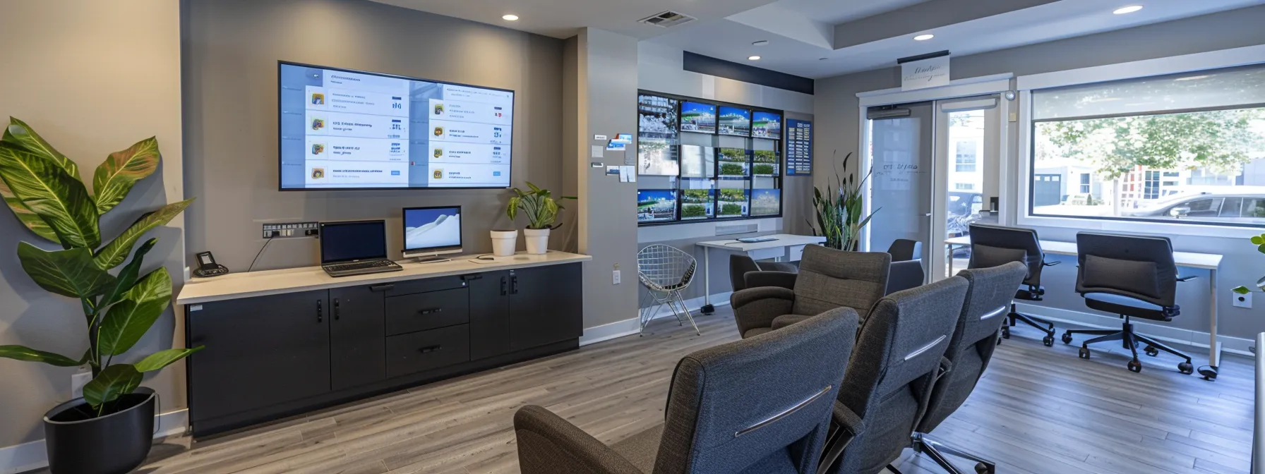 a modern, bustling real estate office with a diverse team of realtors engaged in a strategic meeting, analyzing glowing google reviews displayed on a sleek digital screen, highlighting the impact of client feedback on their business success.