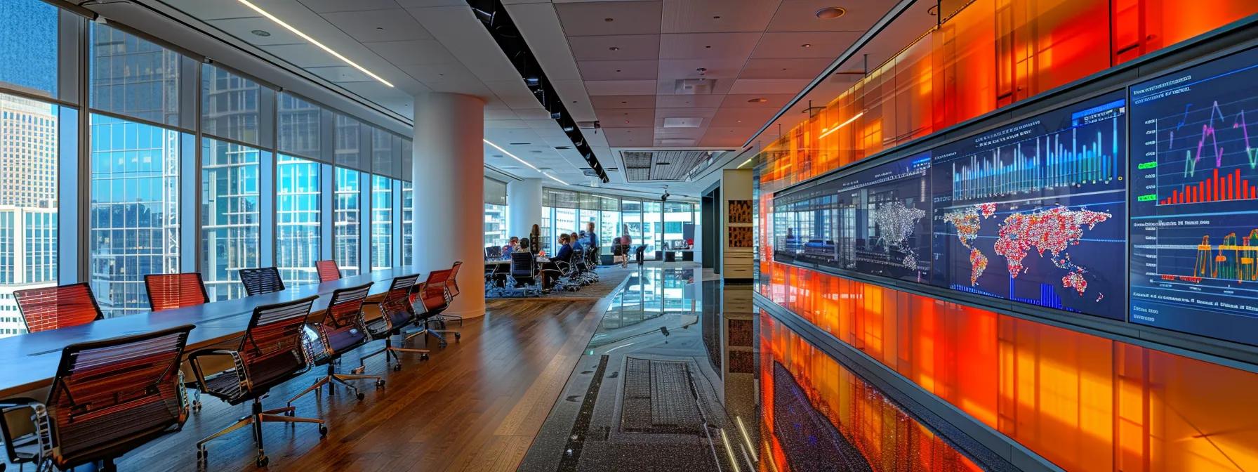 a modern corporate office environment features a sleek, high-tech dashboard displaying vibrant graphs and kpis related to investment performance, with focused professionals engaged in strategic discussions around a polished conference table.
