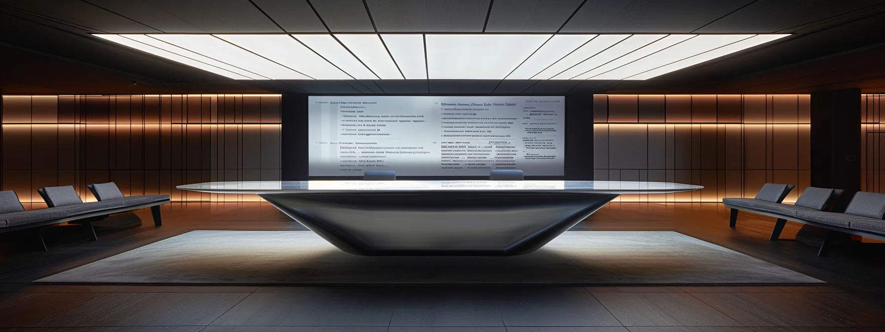 a modern office conference room features a sleek table with a large digital screen displaying a structured privacy policy document, emphasizing key components like data types and compliance, all under bright artificial lighting that highlights the professionalism of the setting.