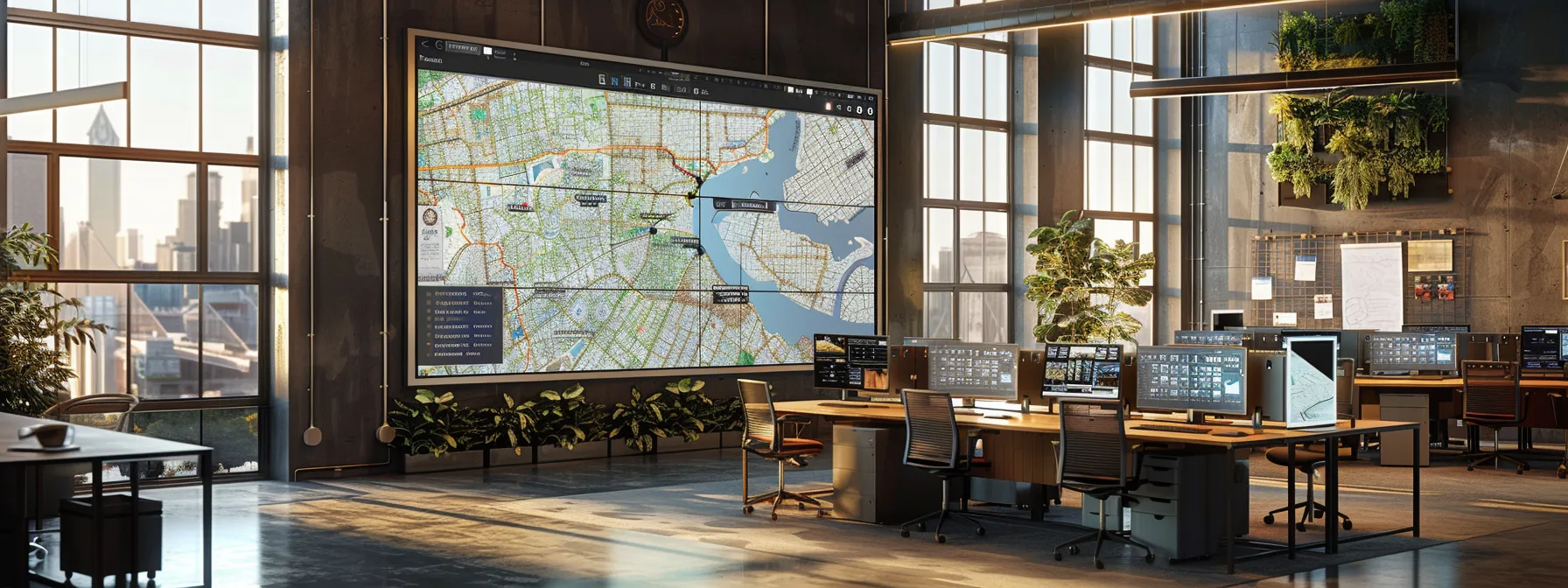 a modern office environment features a large digital display showcasing interactive maps and ux elements, with a sleek workstation displaying a chatbot interface and engaging call-to-action buttons, highlighting the synergy between technology and user engagement.