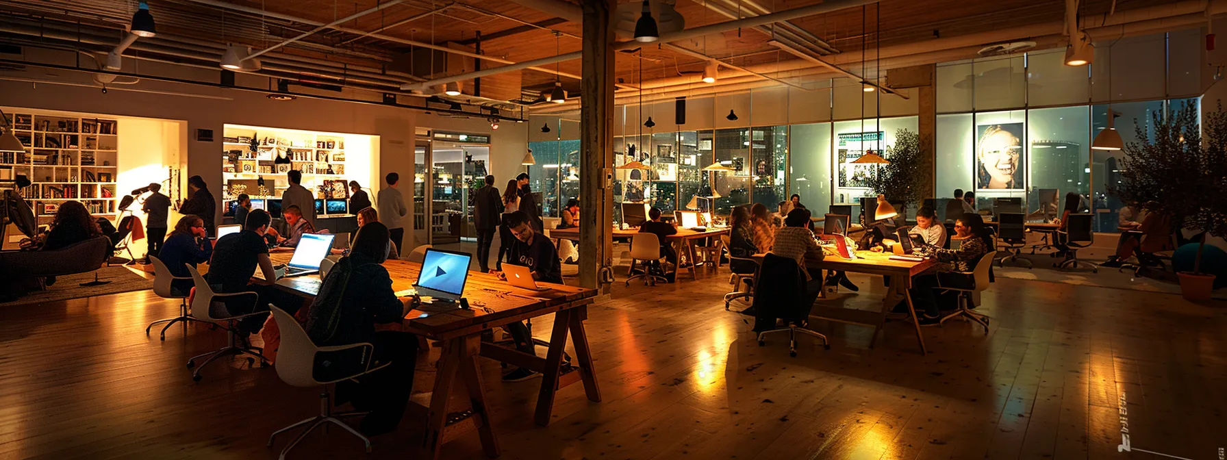 a modern office environment is filled with professionals engaging in dynamic discussions around a large conference table, illuminated by warm ambient lighting, as they brainstorm effective strategies for collecting google reviews and enhancing their online reputation.