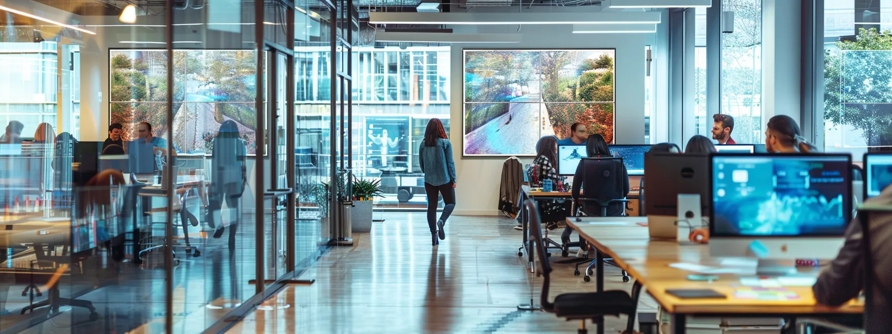 a modern office environment showcases a professional engaging with digital devices, surrounded by vibrant testimonials and reviews displayed on screens, symbolizing the dynamic process of building online reputation and brand trust in real estate marketing.