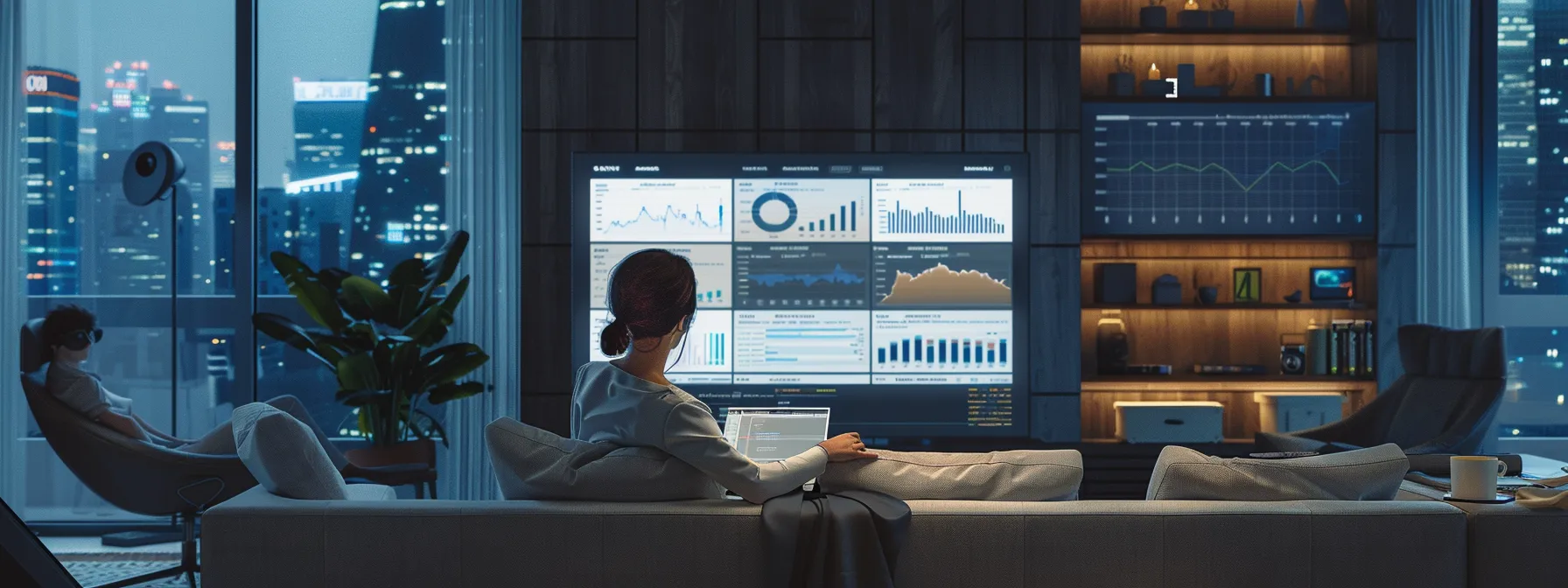 a modern office environment showcasing a focused realtor analyzing data on dual screens, with graphs and charts depicting lead management metrics alongside a sleek crm dashboard, vividly illustrating the integration of real estate websites and customer relationship management tools.
