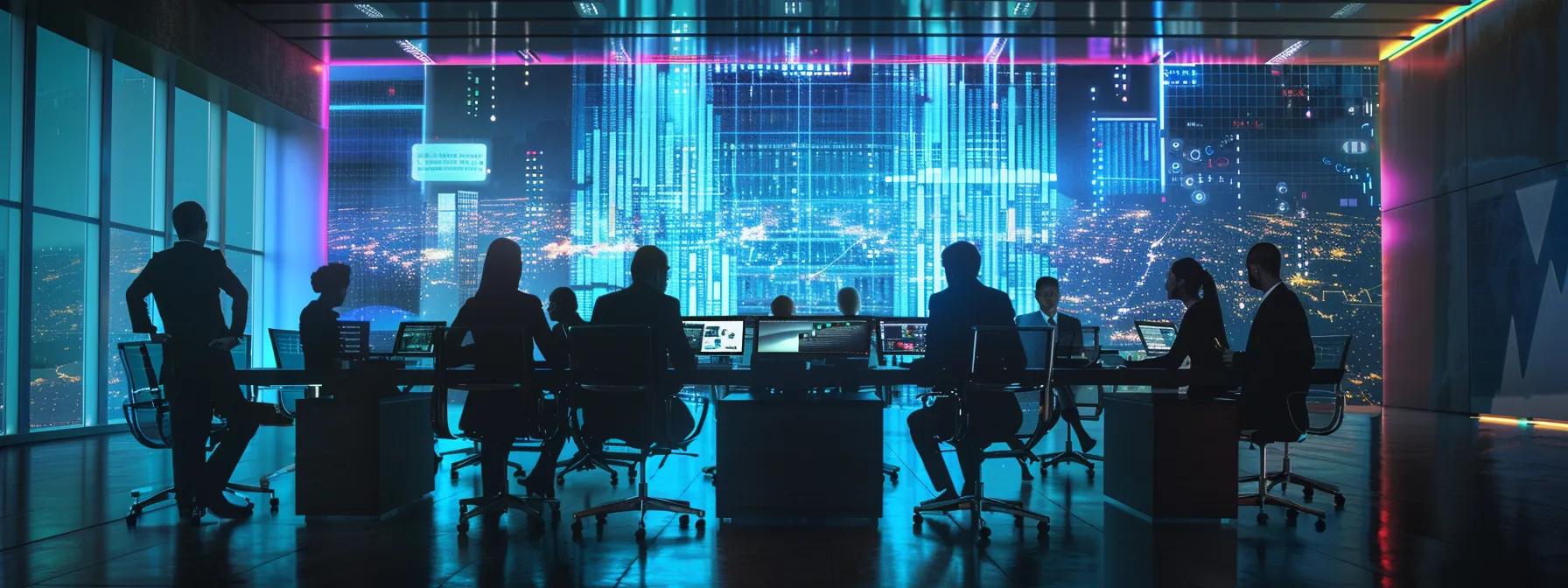 a modern office setting featuring a sleek conference table surrounded by diverse professionals analyzing a vibrant digital dashboard, showcasing property investment strategies and portfolio diversification metrics on a large screen.