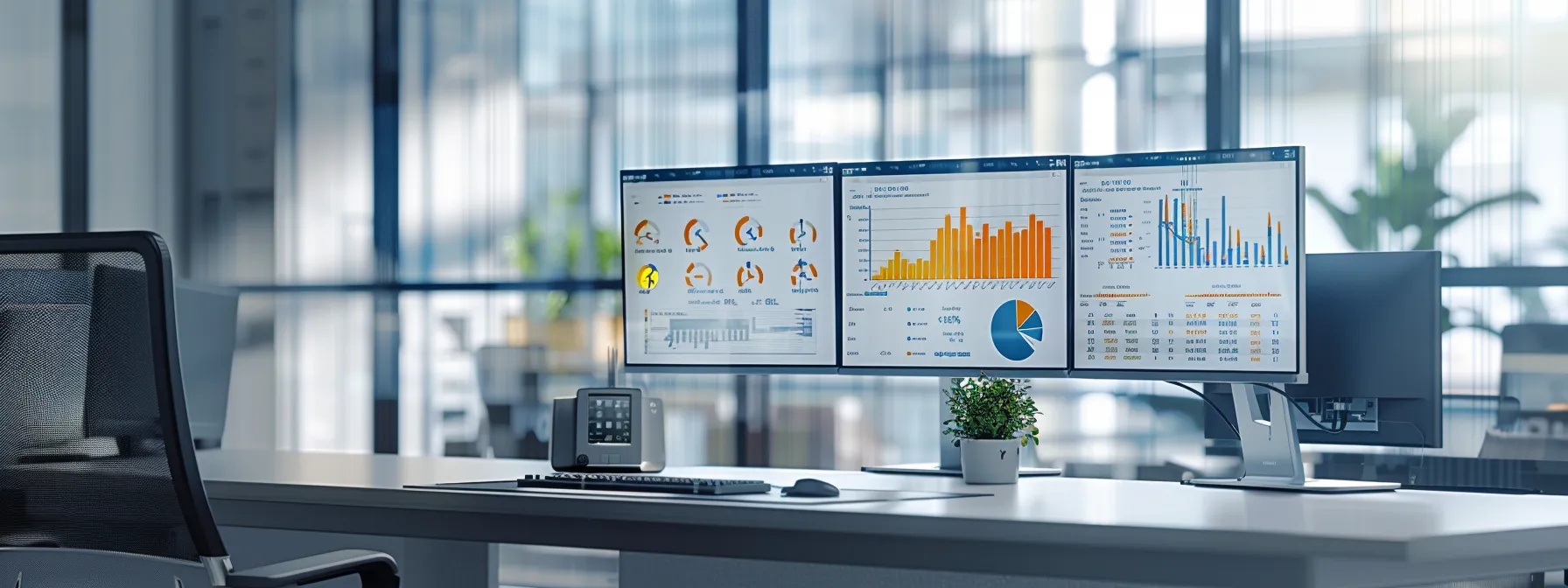 a modern office setting features a sleek workstation adorned with dual monitors displaying analytics and compliance graphs, emphasizing the importance of privacy laws and digital marketing strategies in a light-filled environment.