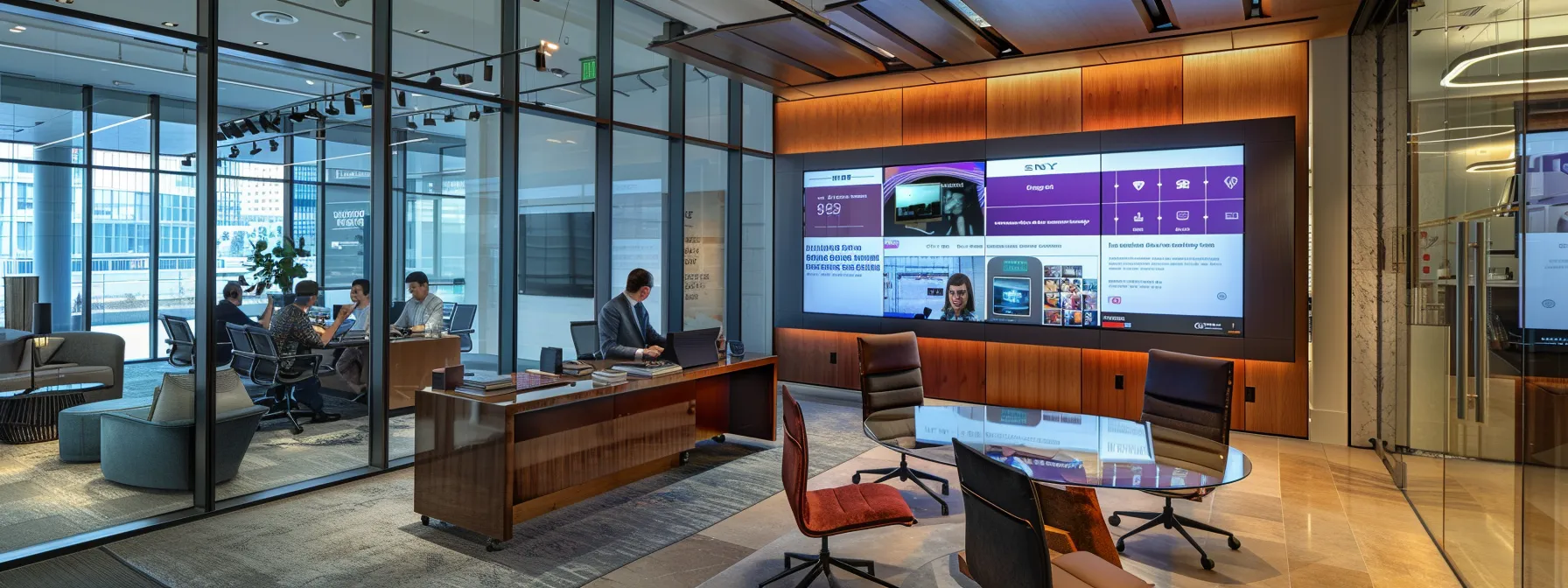 a modern office setting features a large digital screen displaying dynamic testimonials and seo analytics, highlighting the powerful impact of client feedback on enhancing online visibility, with a sleek glass desk and contemporary furnishings surrounding a focused professional reviewing the data.