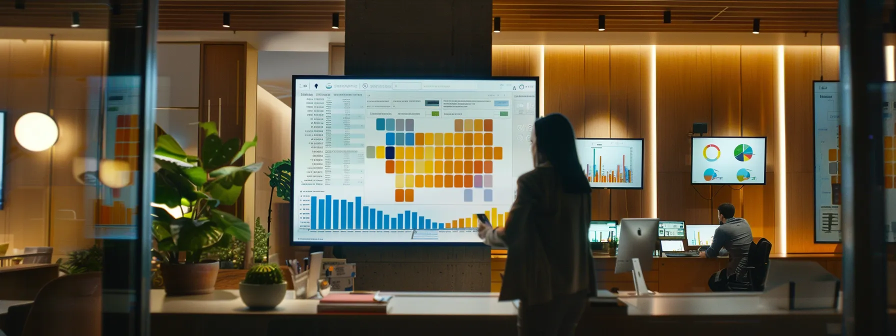 a modern office setting showcases a sleek computer screen displaying vibrant graphs and highlighted google reviews, with a professional analyzing customer feedback and strategic design elements that enhance user engagement.