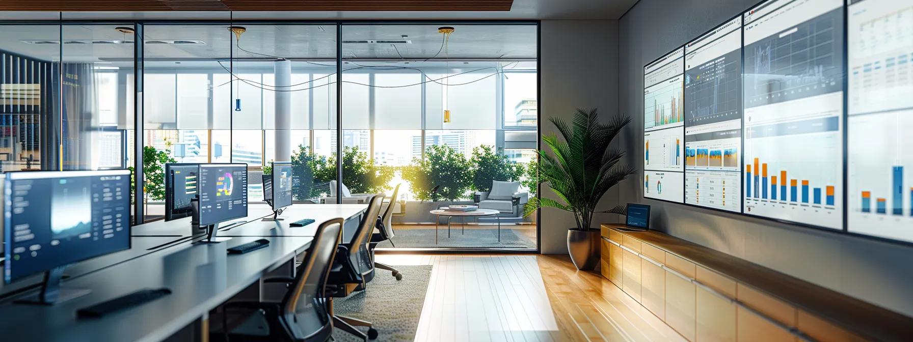 a modern office setting showcases a sleek workspace with multiple screens displaying vibrant website analytics and real estate data charts, emphasizing a dynamic environment of strategic adjustments and digital marketing insights in the real estate industry.