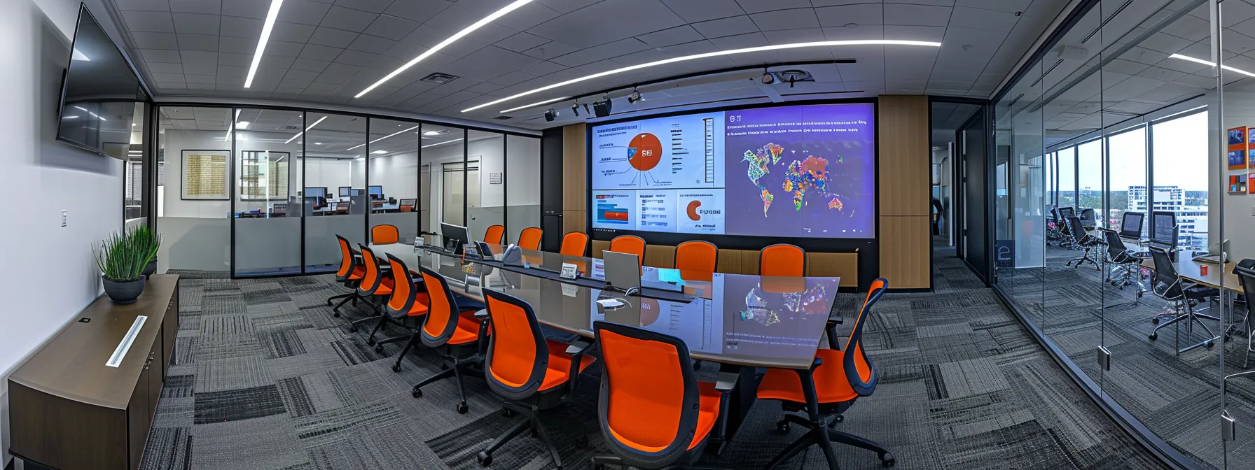 a modern office setting with a sleek conference table and a digital screen displaying vibrant infographics highlights a dynamic brainstorming session focused on innovative content strategies for enhancing buyer and seller engagement.
