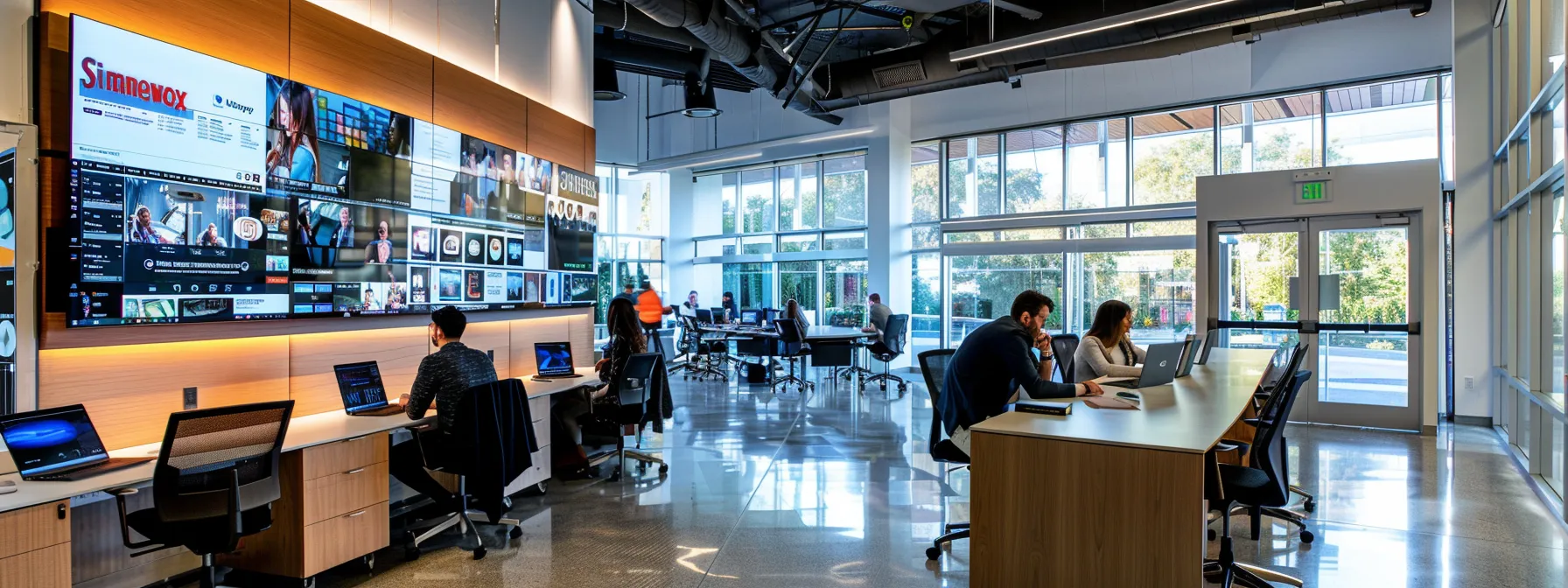 a modern office space buzzes with activity as professionals engage around sleek laptops, displaying dynamic social media feeds and vibrant charts on large screens, symbolizing the integration of social media into a robust branding strategy in the real estate market.