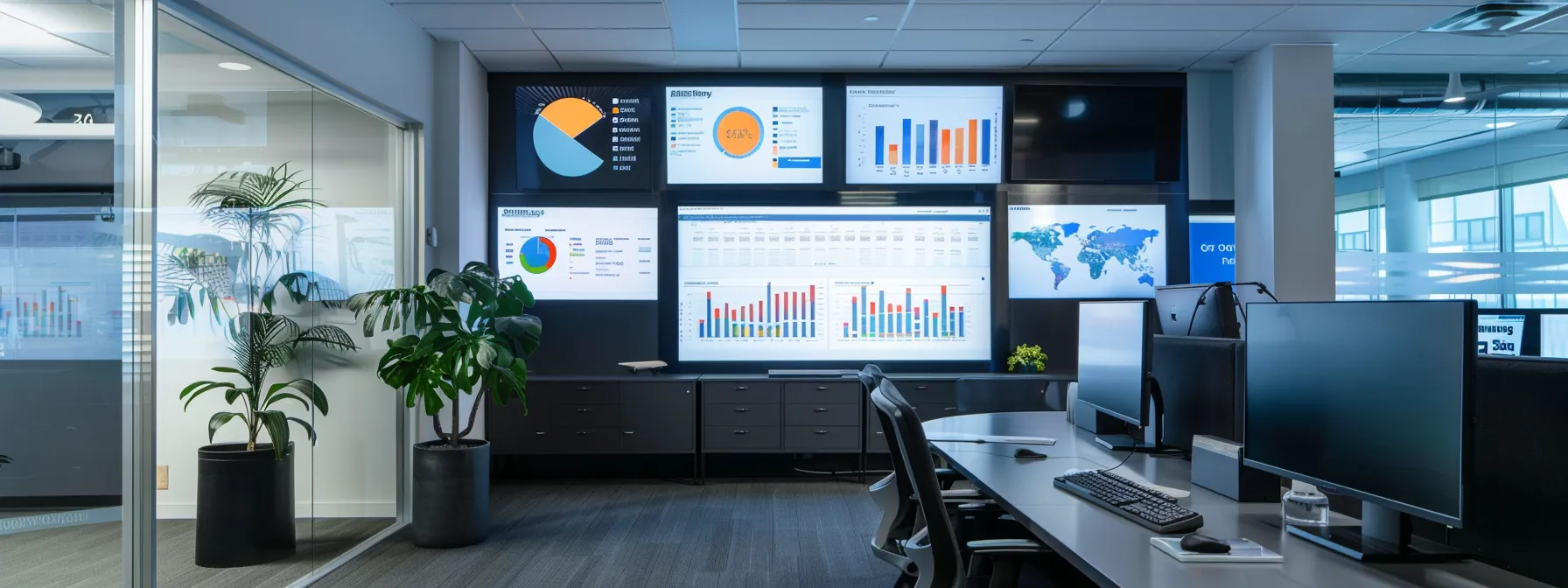 a modern office space features a professional analyzing detailed website analytics on a sleek computer, surrounded by marketing materials and digital screens displaying seo data, embodying a dynamic approach to optimizing a realtor's online presence.