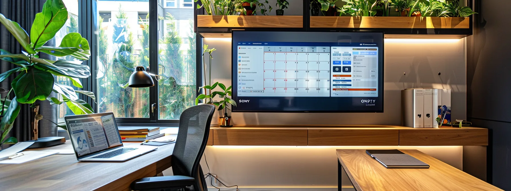 a modern office space features a sleek digital calendar interface prominently displayed on a large monitor, seamlessly integrating client appointment bookings for a realtor, with an organized workspace that reflects efficiency and professionalism.