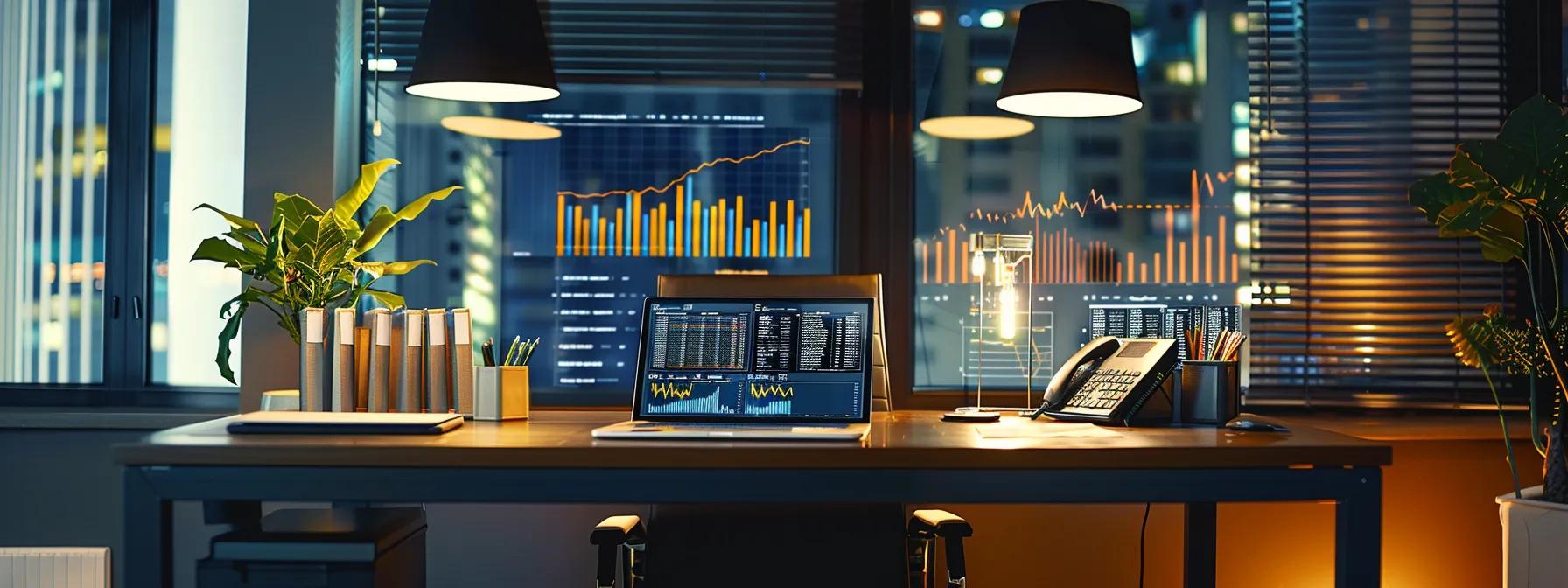 a modern office space features a stylish desk with a laptop displaying property investment data, complemented by charts on the wall illustrating long-term gains and market trends, bathed in warm artificial light for a professional atmosphere.