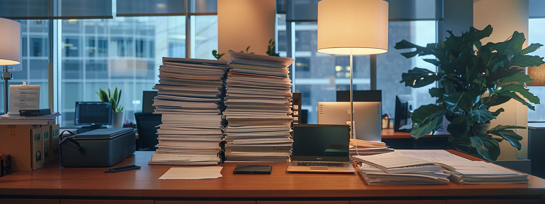 a modern office space features a sleek desk stacked with legal documents and a laptop displaying a privacy policy generator, illuminated by warm overhead lighting, setting the tone for professional compliance in the real estate industry.