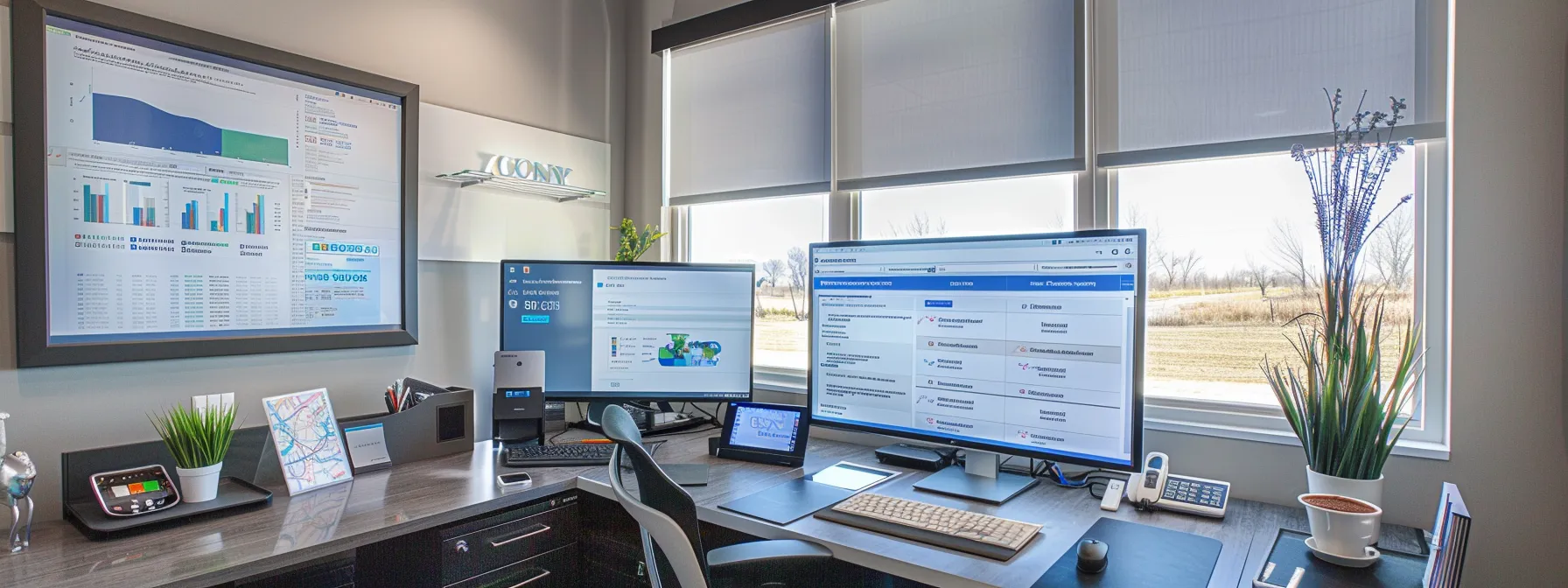 a modern office space features a sleek workspace with a computer screen displaying an email automation dashboard specifically tailored for real estate, surrounded by strategic campaign materials and engaging visuals that highlight user-friendly tools and analytics.