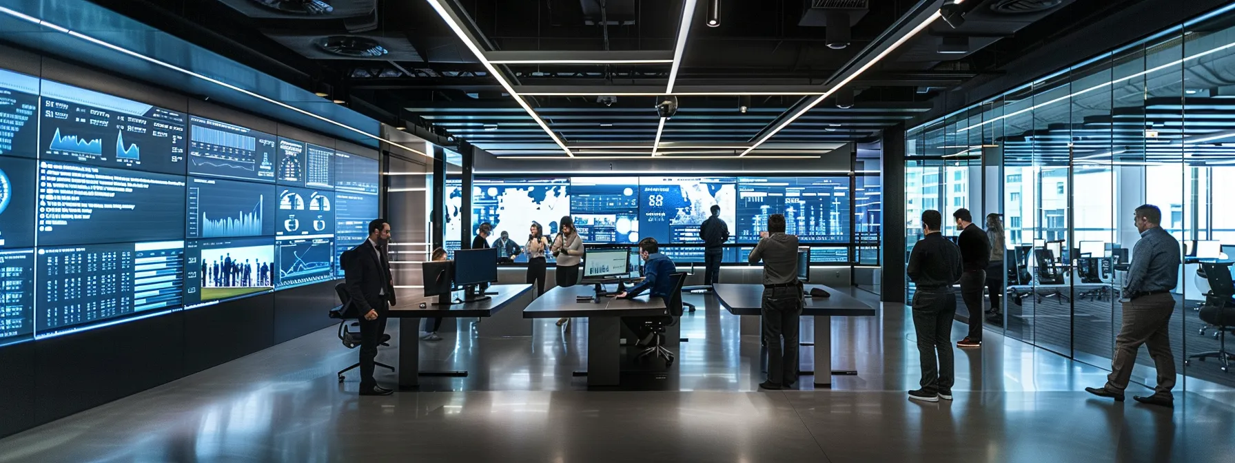 a modern office space filled with real estate professionals engaged in an animated discussion around a sleek conference table, featuring digital screens displaying graphs and data analysis related to lead generation strategies and market insights.