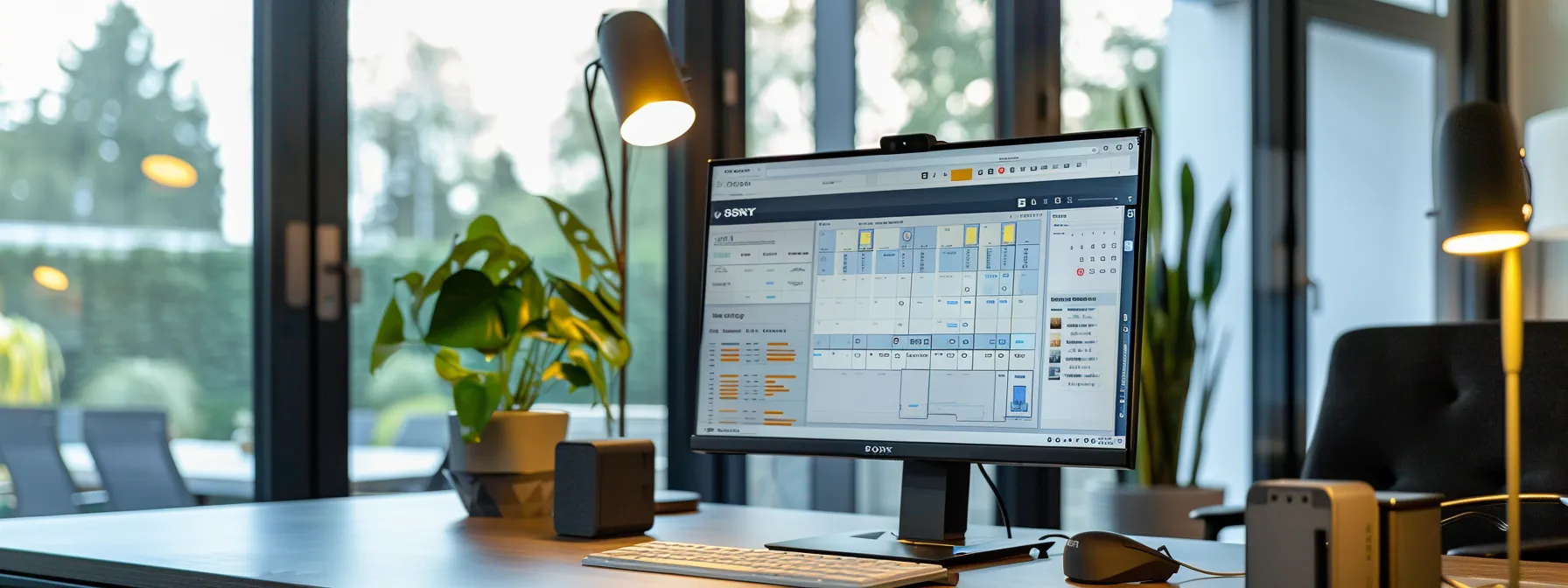 a modern office space showcases a sleek computer screen displaying a user-friendly appointment scheduling interface, illuminated by purposeful task lighting, capturing the essence of seamless automation in real estate client management.
