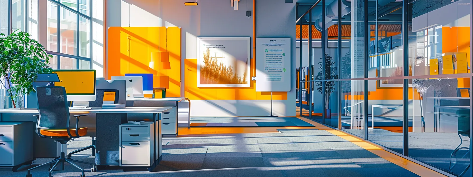a modern office space with a sleek computer display showcasing an intuitive email automation platform, featuring a vibrant drag-and-drop interface and analytics dashboard, reflecting the efficiency and engagement potential for realtor sites.