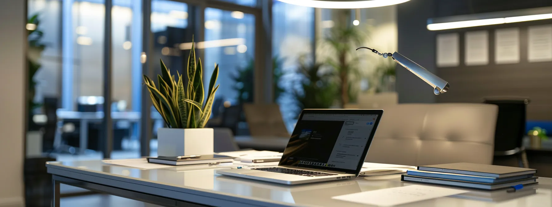 a modern office with a sleek desk displaying a laptop and printed yelp reviews prominently showcased, highlighting positive client testimonials in an organized manner, illuminated by soft artificial lighting to emphasize the theme of online reputation management in real estate.