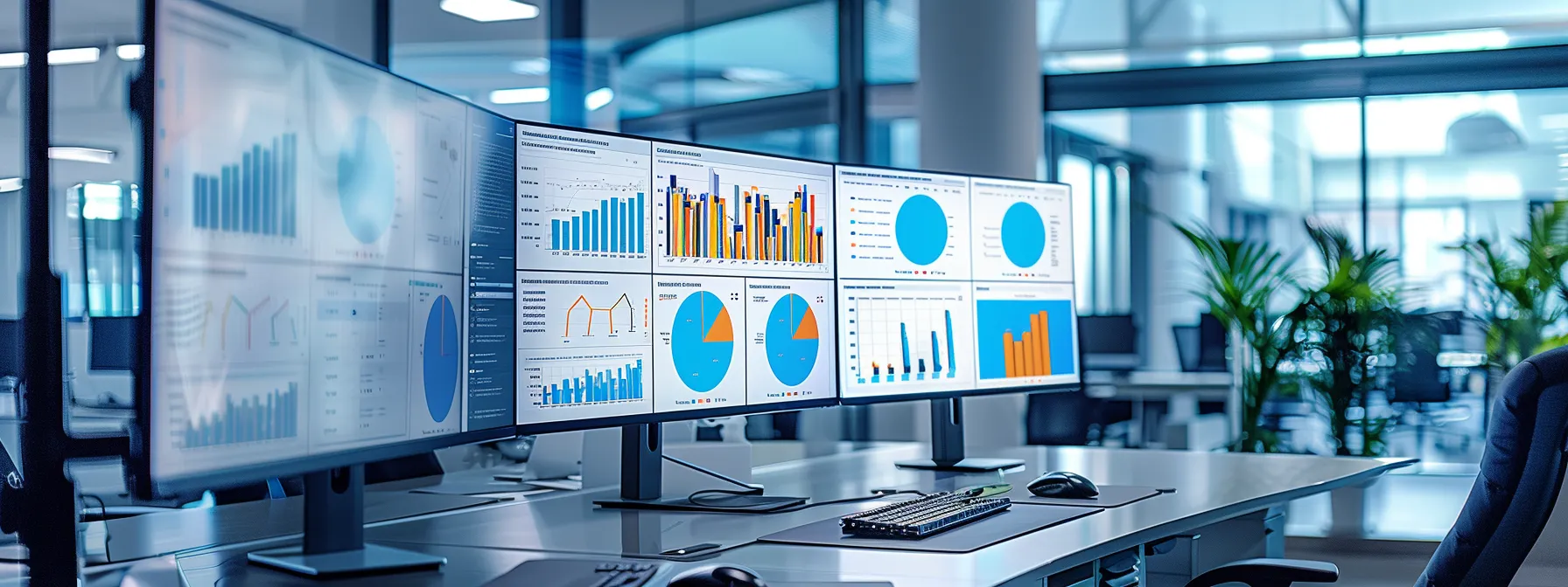 a modern office with sleek desks featuring large computer screens displaying crm dashboards, creating a dynamic atmosphere that exemplifies efficient workflows and collaborative teamwork in action, illuminated by bright, focused overhead lights.