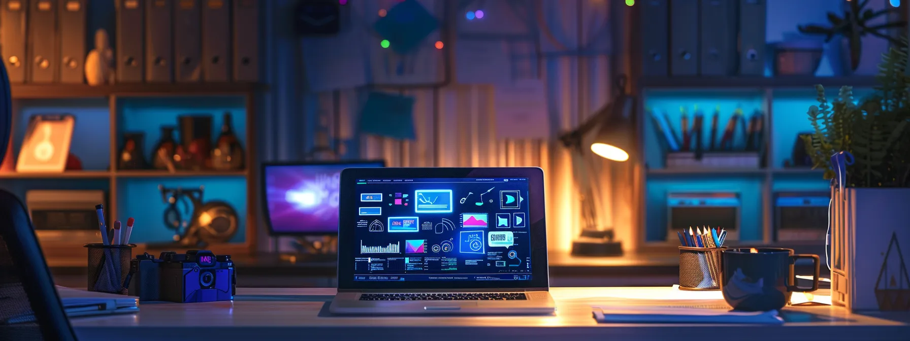 a modern office workspace featuring a sleek laptop displaying an interactive web page design, with vibrant infographics and video thumbnails illuminating the screen, surrounded by digital tools and notes that emphasize the seamless integration of user engagement features.