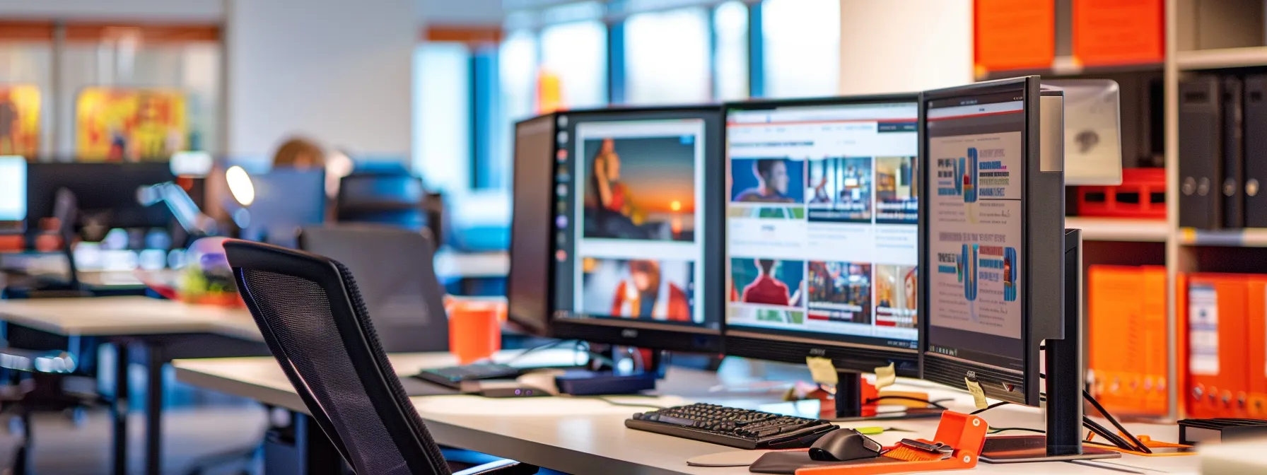 a modern office workspace features a sleek computer screen displaying a vibrant and engaging 'why choose me' webpage, infused with bold colors and emotional imagery, while a professional individual thoughtfully analyzes the design to optimize audience connection.