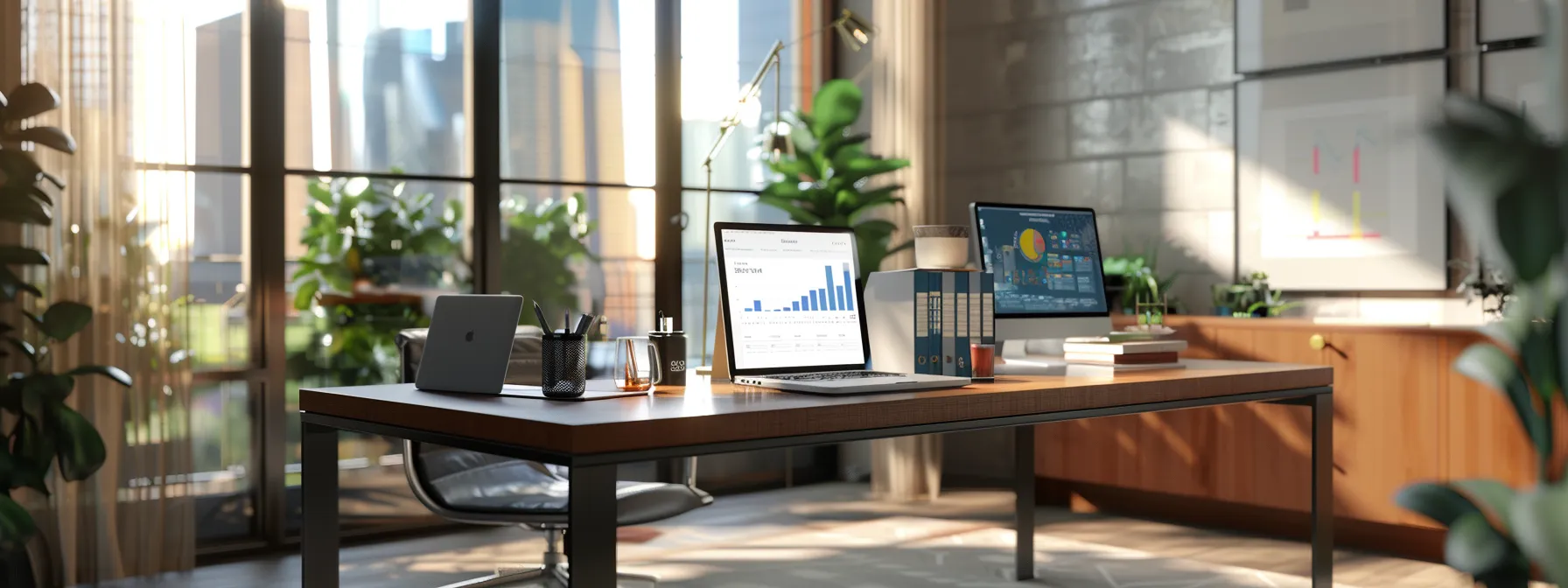 a modern office workspace features a sleek desk with a laptop open to a vibrant real estate marketing dashboard, surrounded by dynamic charts and data visualizations, symbolizing the continuous evolution and strategic refinement of a personal brand for lasting success.