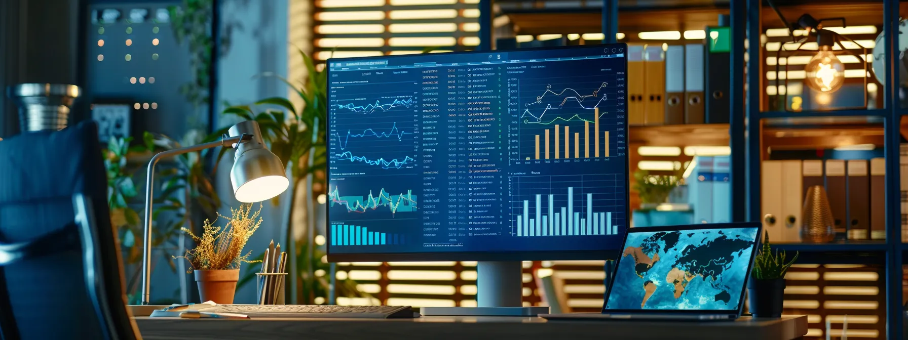 a modern office workspace featuring a stylish desk cluttered with real estate market analysis reports, engaging infographics on a laptop screen, and bold visuals of successful transactions displayed on a wall, all illuminated by dynamic, contemporary lighting.