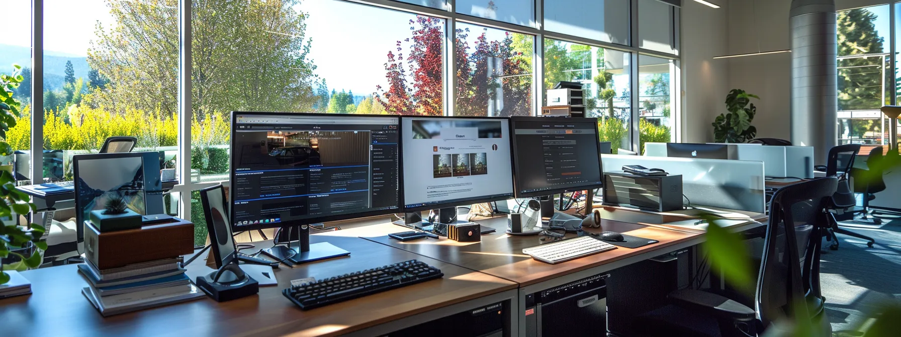 a modern office workspace features a sleek computer setup displaying a digital website layout, surrounded by notebooks and technology tools, symbolizing the meticulous setup process for a compliant real estate technology platform.