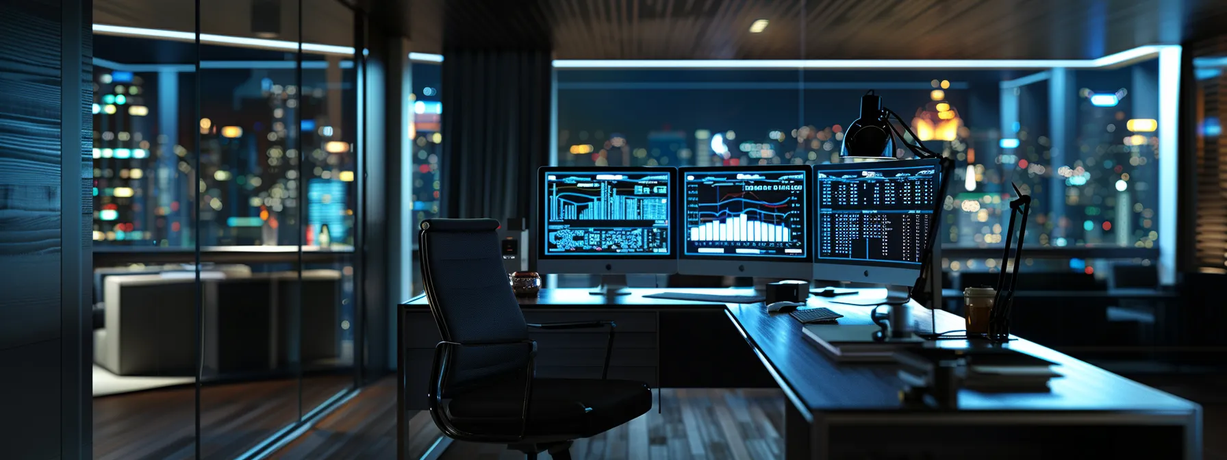 a modern office workspace features a sleek computer desk adorned with vibrant charts and graphs on a screen, symbolizing strategic seo optimization for real estate investors, illuminated by focused overhead lighting that emphasizes the dynamic digital marketing environment.