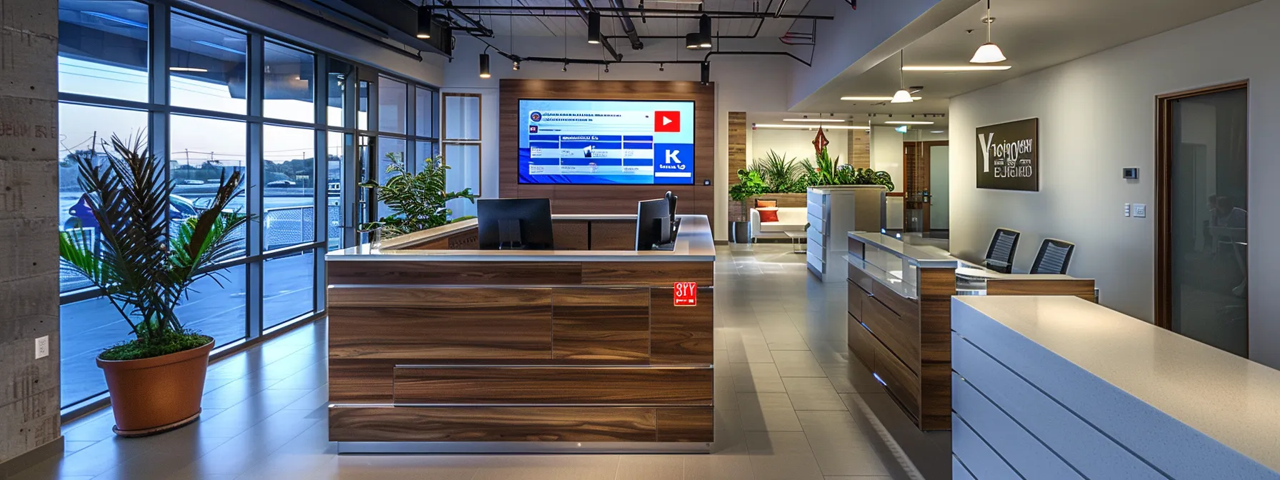 a modern office workspace features a sleek computer screen displaying an attractive, dynamic interface showcasing embedded yelp reviews on a realtor's website, illuminated by soft, focused lighting to emphasize professionalism and innovation.