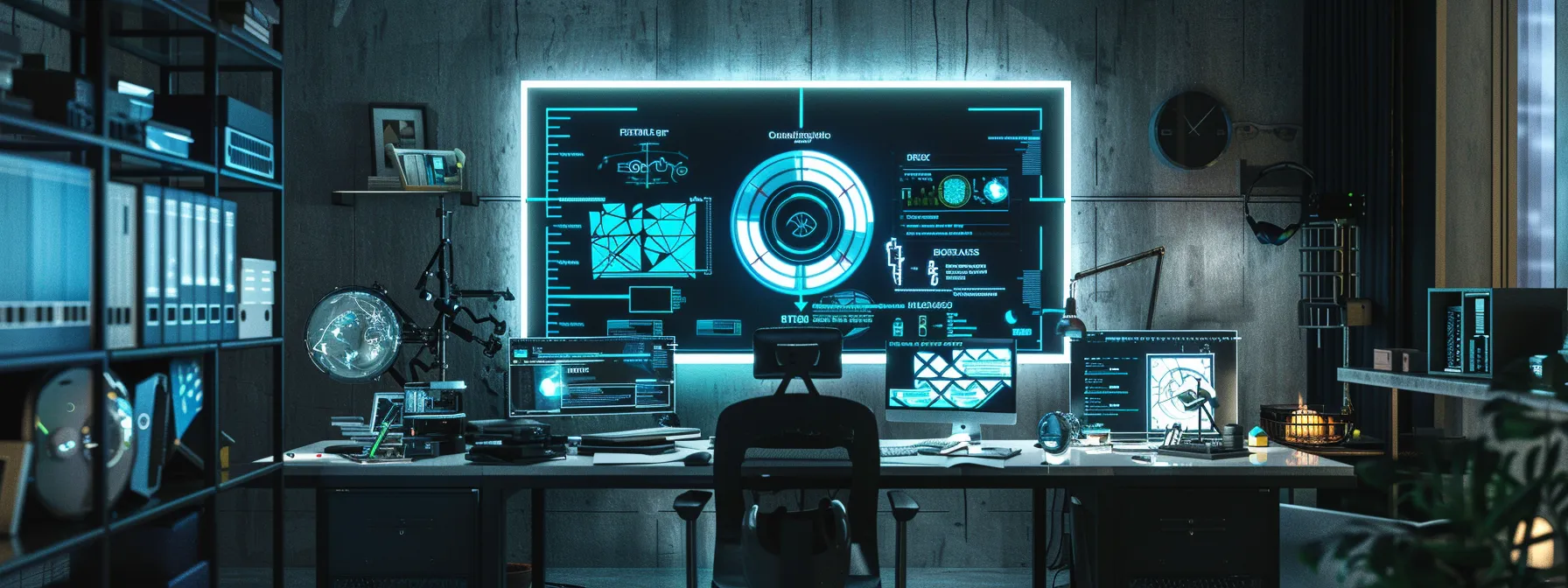 a modern office workspace features a vibrant digital display showcasing a logo redesign process, with sleek design tools and client feedback charts prominently arranged on a contemporary desk, emphasizing the importance of evolving brand identity.
