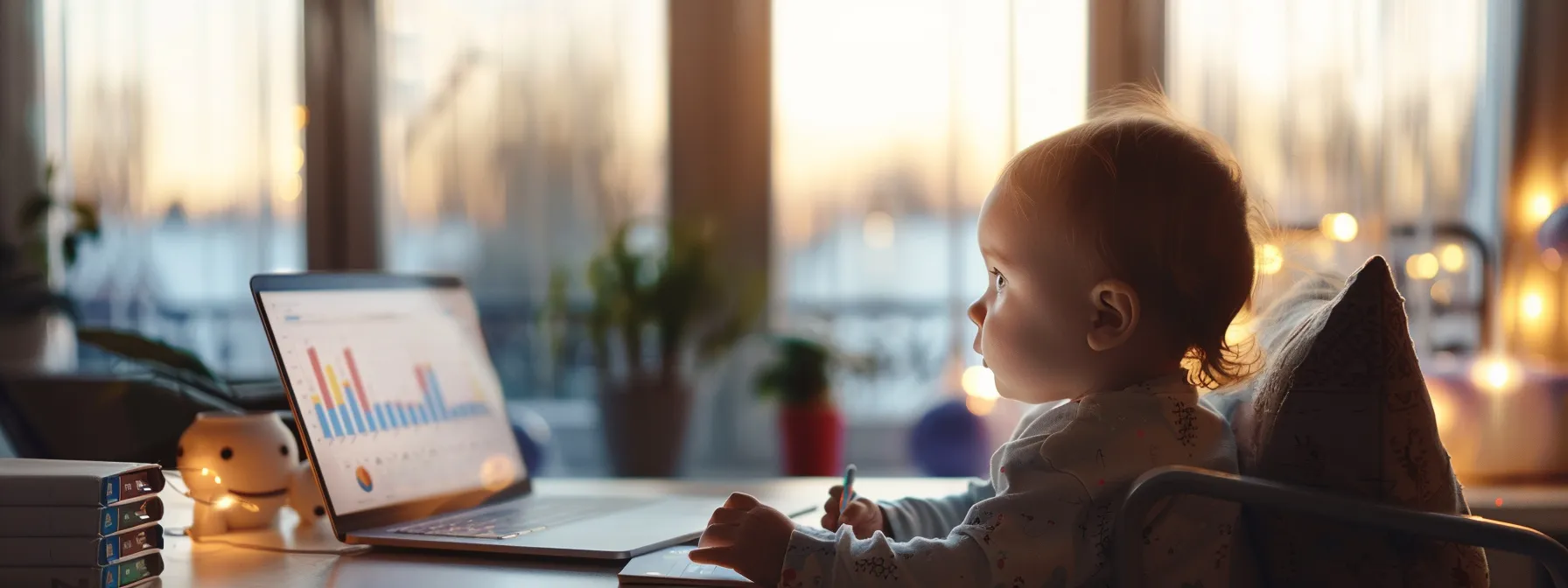 a modern office workspace features a sleek laptop displaying analytics graphs and a refreshing bio update on the screen, with a stylish notepad and pen nearby, symbolizing an engaged realtor refining their online presence for ongoing success.