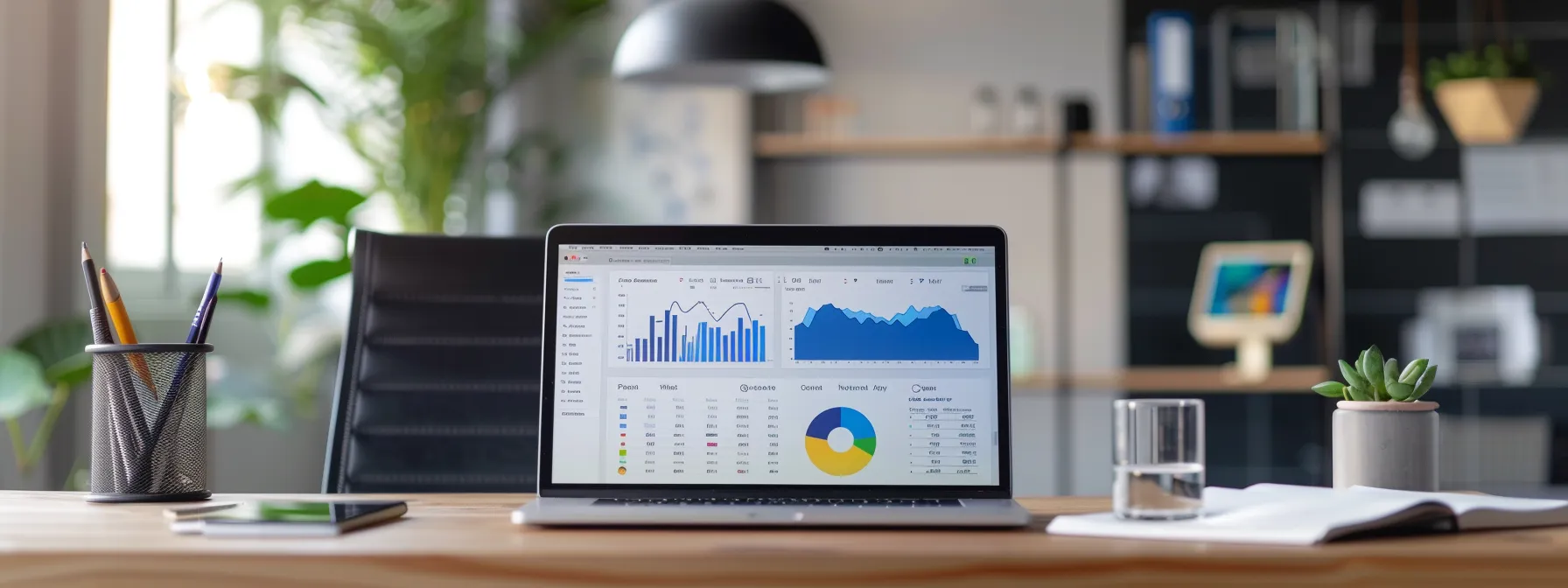 a modern office workspace showcases a sleek laptop displaying vibrant analytics dashboards and engaging digital content, surrounded by colorful marketing materials and a visual representation of social media icons, highlighting innovative strategies for realtor websites.