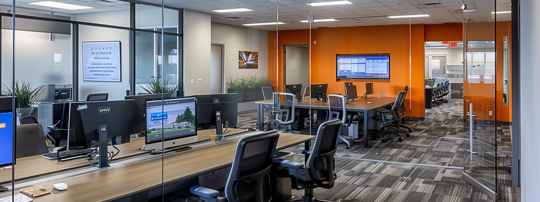 a modern office workspace showcases a sleek computer setup displaying a realtor website dashboard, surrounded by vibrant team training materials, emphasizing high-tech integration and dynamic crm management.