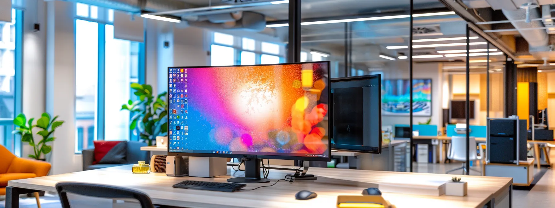 a modern office workspace showcases a large computer screen displaying a vibrant welcome popup design, surrounded by stylish decor and mobile devices, emphasizing the strategic blend of compelling visuals and targeted marketing elements.