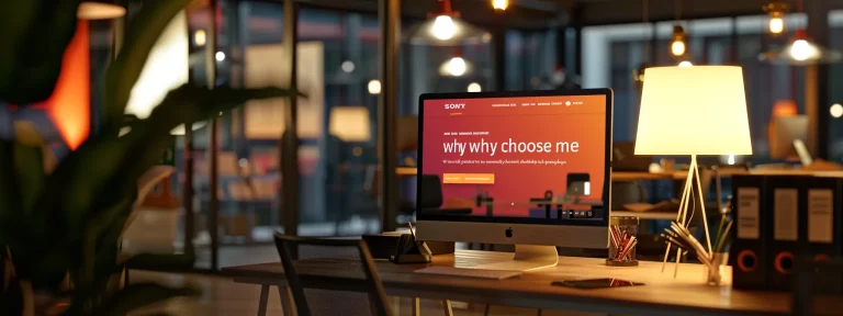 a modern office workspace showcases a sleek computer screen displaying an engaging "why choose me" webpage, illuminated by focused desk lighting, emphasizing the professional appeal of digital marketing and conversion strategies.