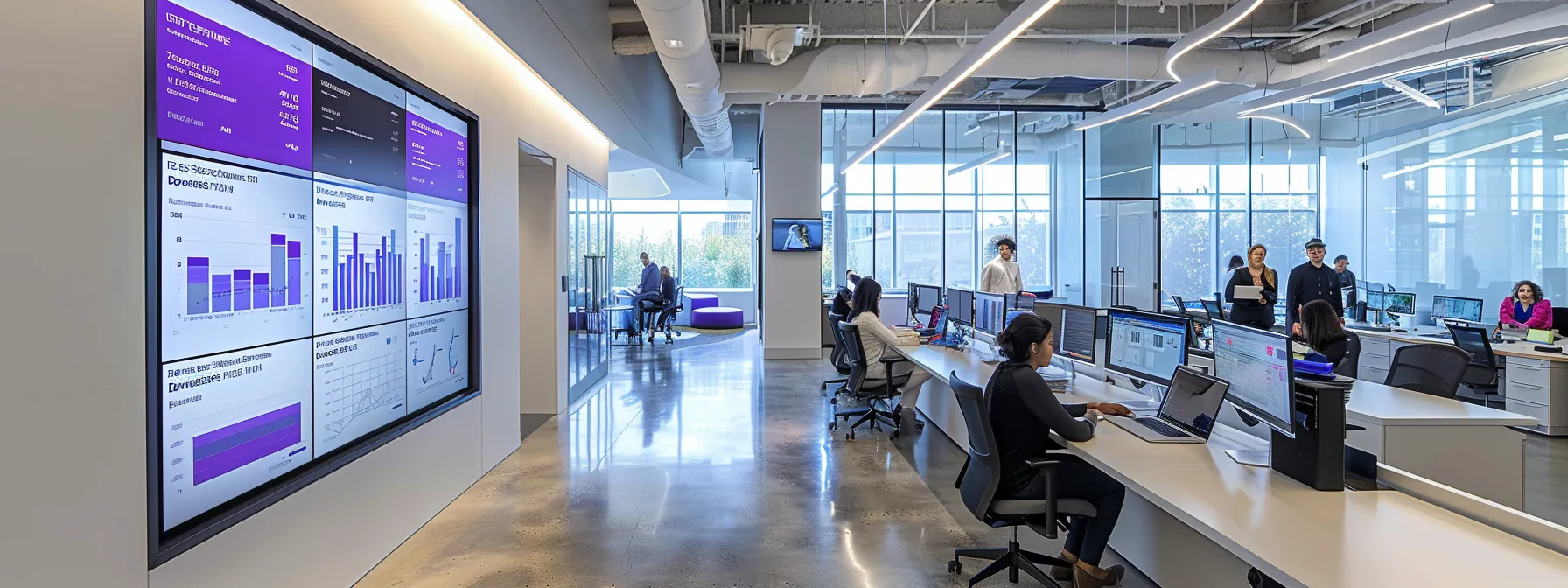 a modern real estate office bustling with activity, featuring a large digital dashboard displaying user engagement metrics, while real estate professionals analyze data and trends on sleek laptops, all illuminated by bright, focused office lighting.