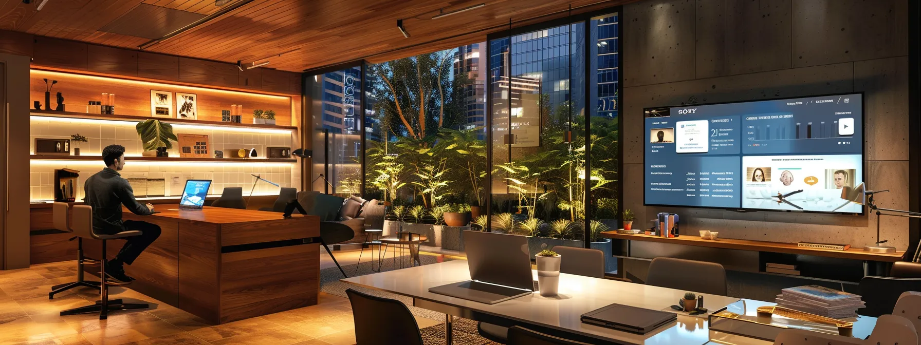a modern real estate office showcasing a sleek digital dashboard with vibrant chat notifications, symbolizing real-time chat integration, while an engaged realtor interacts with clients through a high-tech mobile app in a dynamic urban setting.