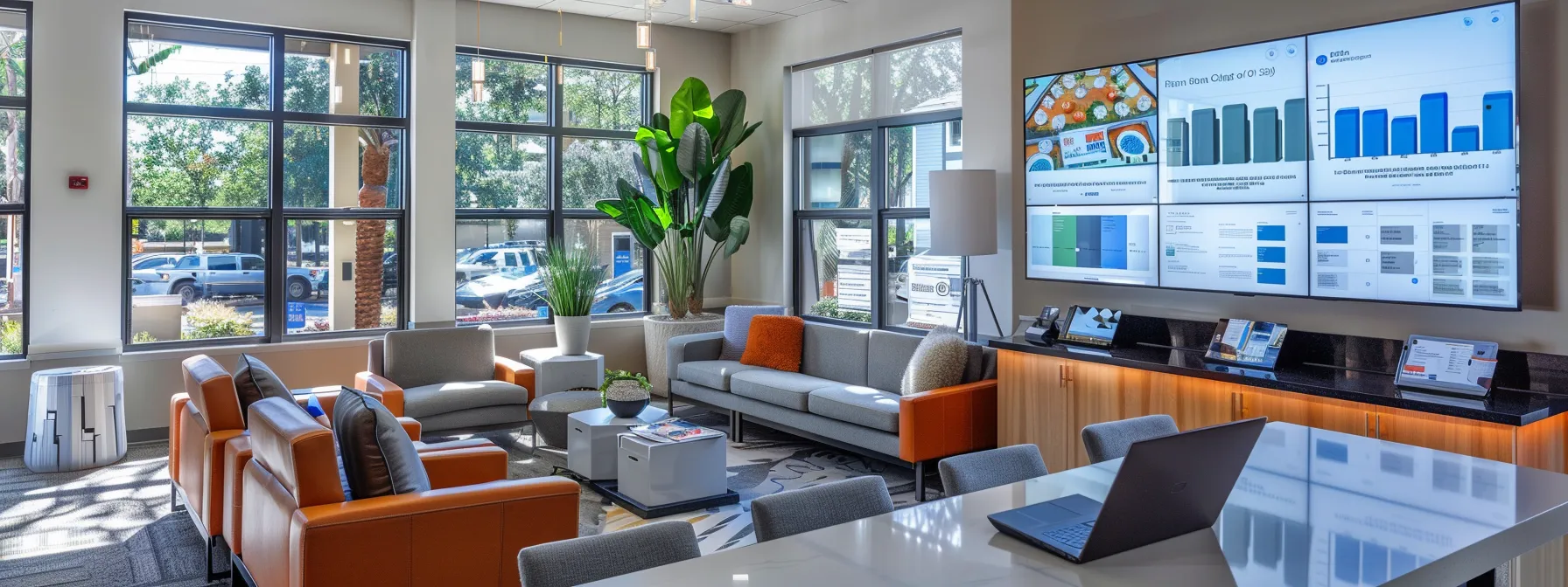 a modern real estate office showcases a sleek workstation adorned with a laptop displaying email automation software, surrounded by engaging infographics and charts that illustrate client engagement metrics.